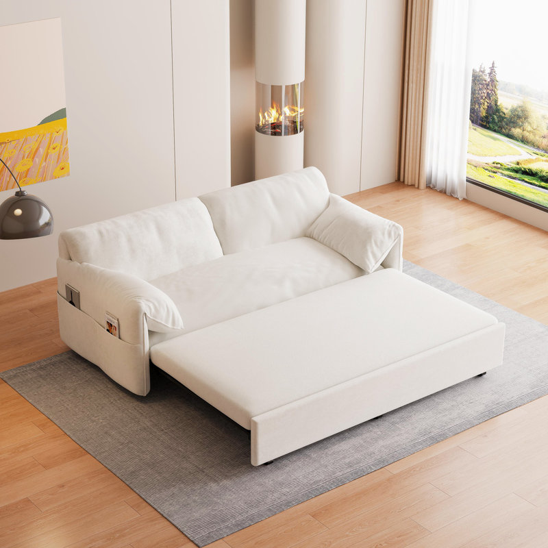Pull Out Sofa Bed With Side Storage 3-In-1 Convertible Sleeper Sofa Bed Convertible Sofa, Beige Velvet