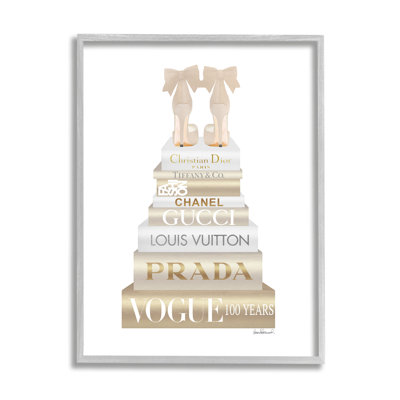 Cream Bow Heels High Fashion Glam Bookstack Gray Farmhouse Rustic Framed Giclee Texturized Art by Amanda Greenwood