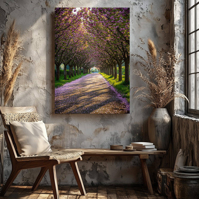 Toile, un sentier serein bordé de fleurs de cerisier luxuriantes, leur art mural est lourd avec des fleurs roses éclatantes