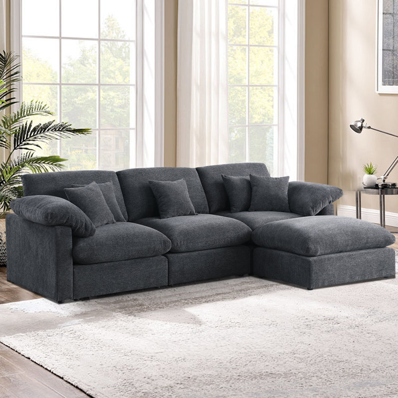 Luxurious Chenille Fabric 4-Piece Modular Sectional Sofa with Ottoman, 33.5" H x 117" W x 73" D, Dark Gray  Chenille