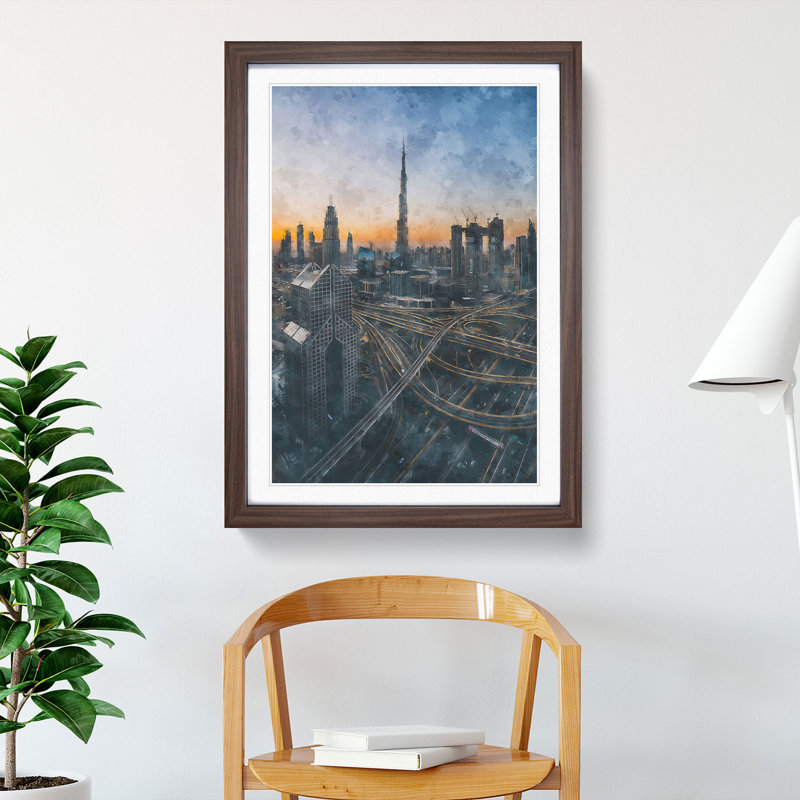 Skyline In Dubai Painting - Framed Print, 33cm H x 24cm W x 2cm D, Walnut Framed