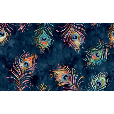 Papier peint bleu à motif de plumes de paon
