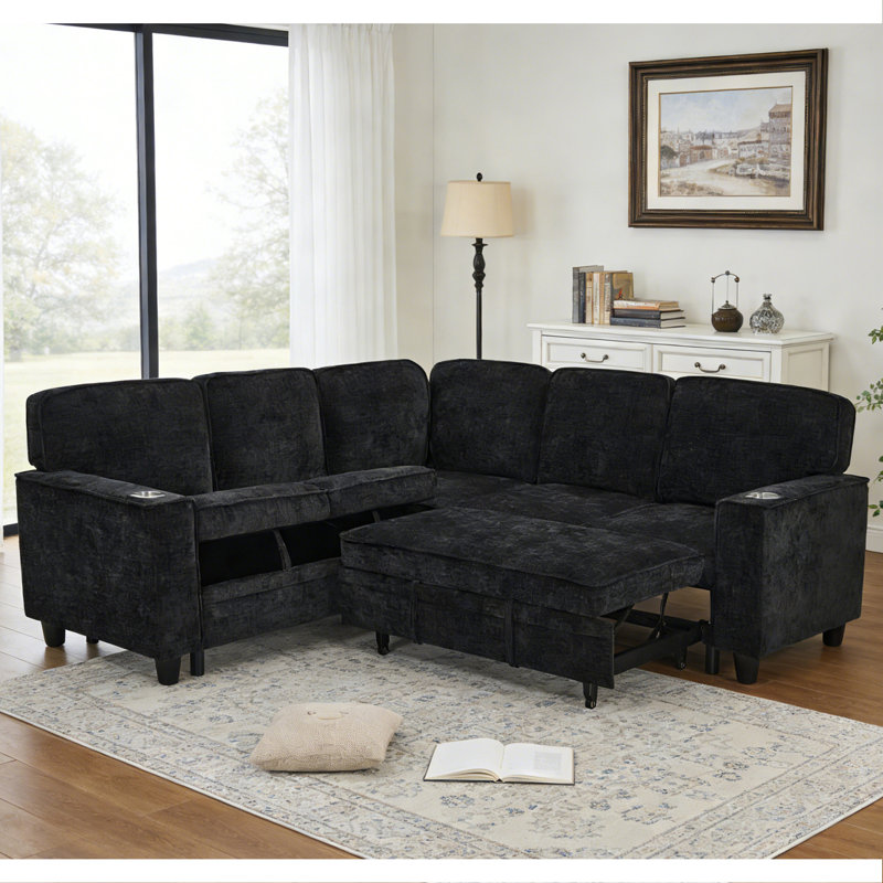 Reversible Sectional Sofa With Pull out Bed, Black Chenille ,Modern  L-Shaped Couch With Storage, Cup Holders,Usb Charging, Sleeper Sofa Set For Living Room