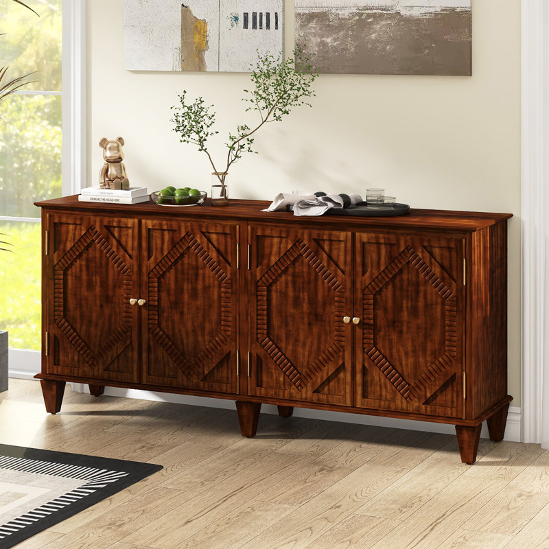 Buffet moderne mid-century de 65 po avec tablettes réglables, Noyer