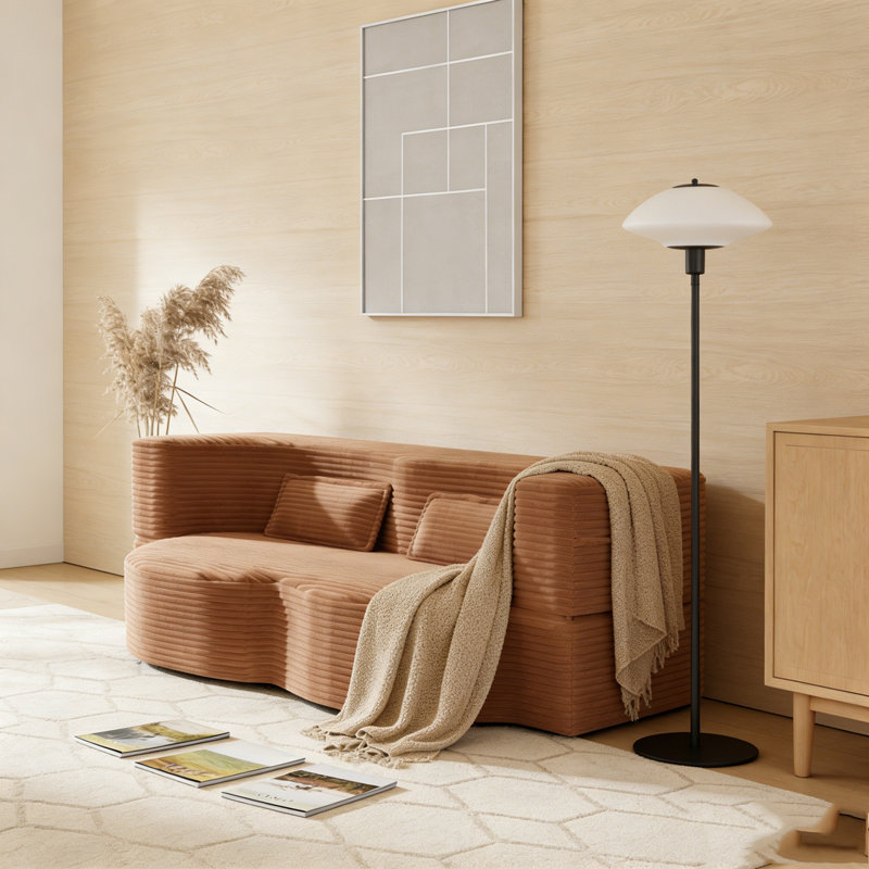 Modern Floor Sofa with 2 Pillows, Orange, Corduroy