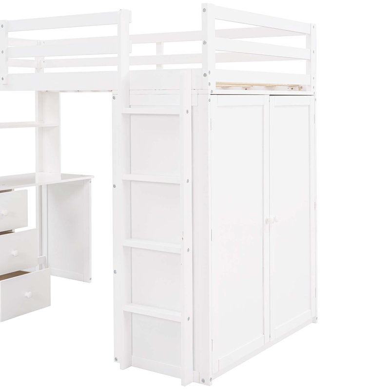 Loft Bed with Drawers,Desk,and Wardrobe, Lit simple, Blanc