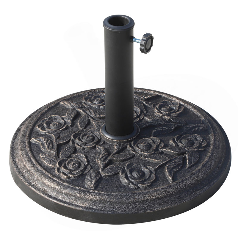 Porte-parasol 18 "à base ronde en résine 18" avec porte-parasol de marché avec motif floral rose et installation facile, pour poteau de "1,5 po, .81,89 po, pour pelouse, terrasse, cour, jardin, bronze