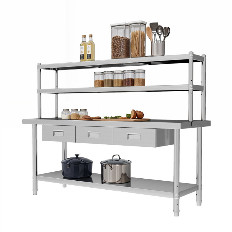 Établi 72 po en acier inoxydable avec 3 tiroirs, tablette réglable et support de rangement pour garage ou atelier