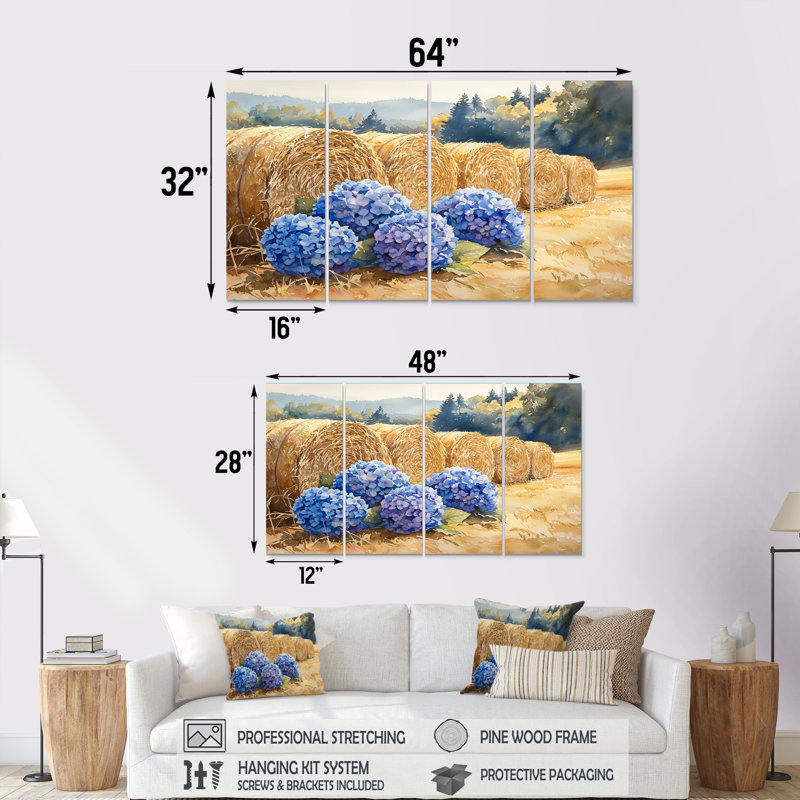 Hydrangées par les balles de foin I - hydrangées - Art mural traditionnel, 4, H 28 po x l 48 po
