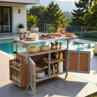 Foldable Outdoor Kitchen Island With Stainless Steel Worktop, Lockable Wheels, Storage Cabinet, Towel Rack And Two-tier Spice