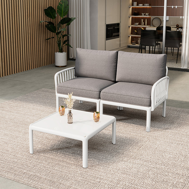 Ensemble de conversation pour patio 3 pièces, Gris clair, Blanc, 2 pièces: table, causeuse