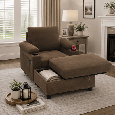 Ensemble fauteuil d'appoint et pouf de rangement avec dossier inclinable, porte-gobelets et ports USB-C