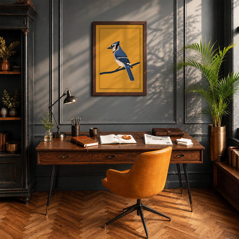 Blue Jay On Branch Japandi - Print, Walnut, A3 - 42.0 x 29.7 cm