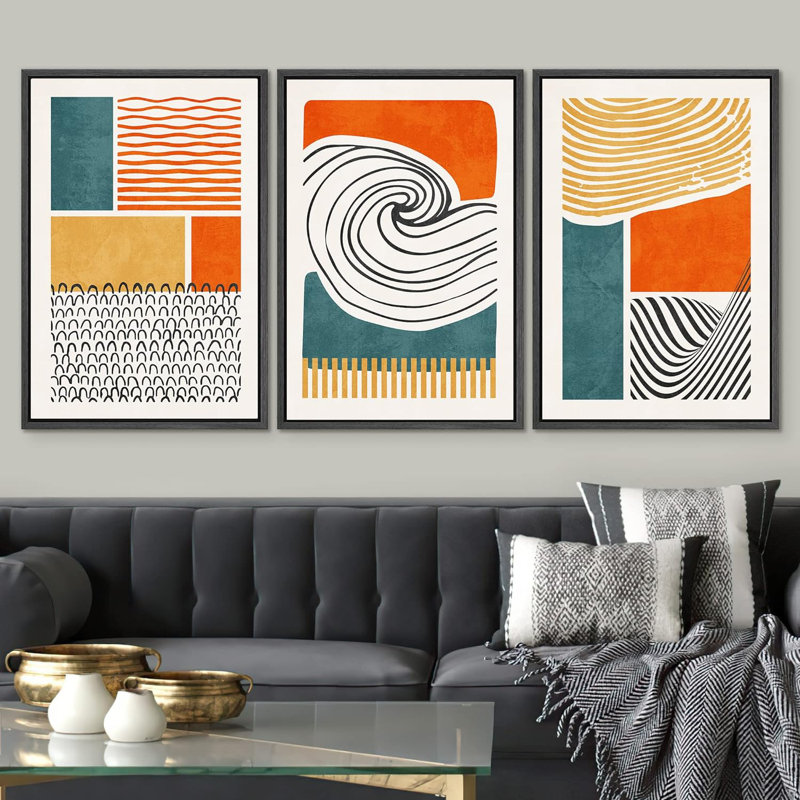 Abstrait bloc de couleurs vibrantes Mid-Century, paysage carré carré encadré sur toile, reproduction de 3 pièces, Blanc