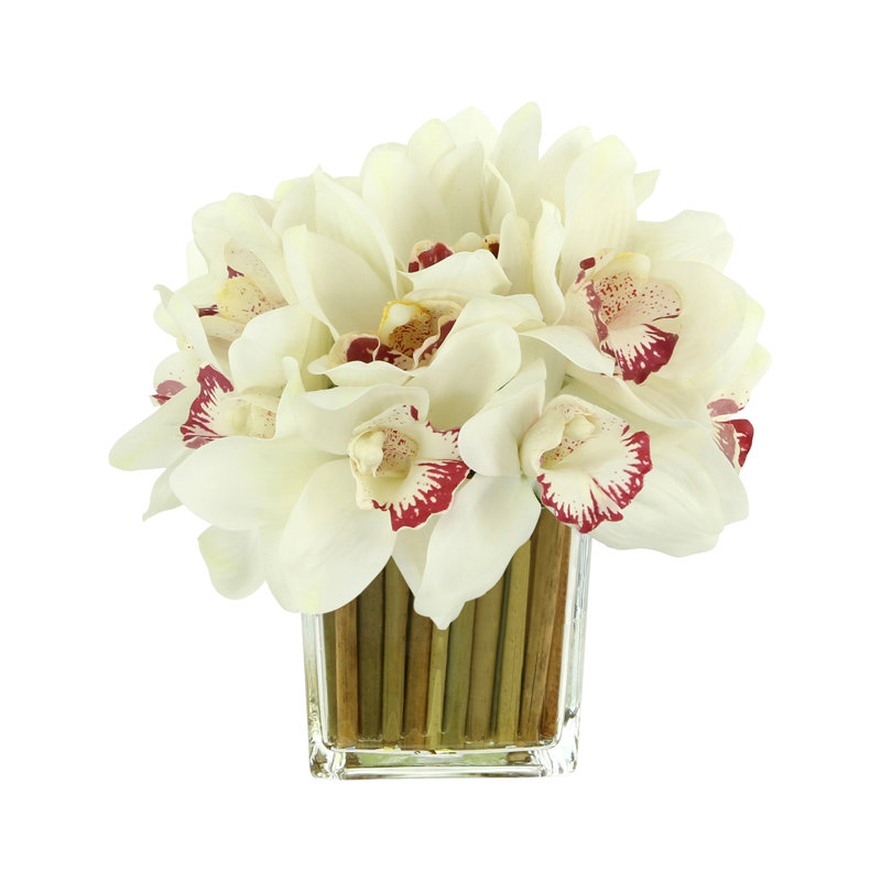 Orchids Arranged in Bamboo-Filled Glass Vase, White