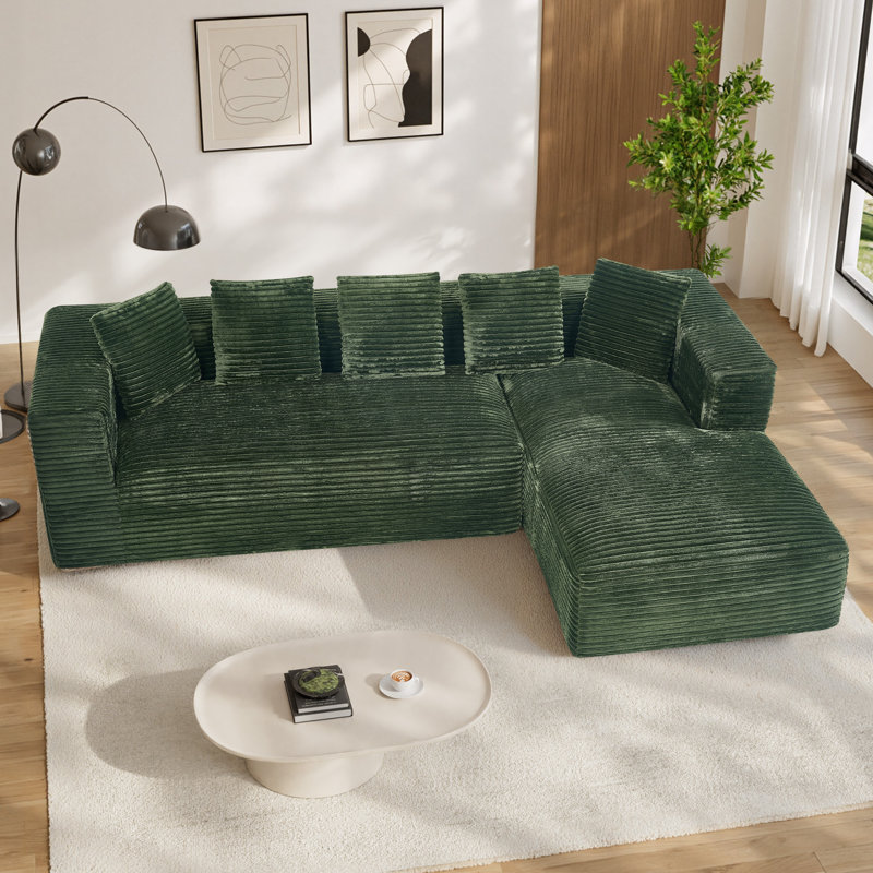 Canapé d'angle surdimensionné sans ossature et à compression de 104 pouces avec coussins, Velours côtelé vert, Forme en L