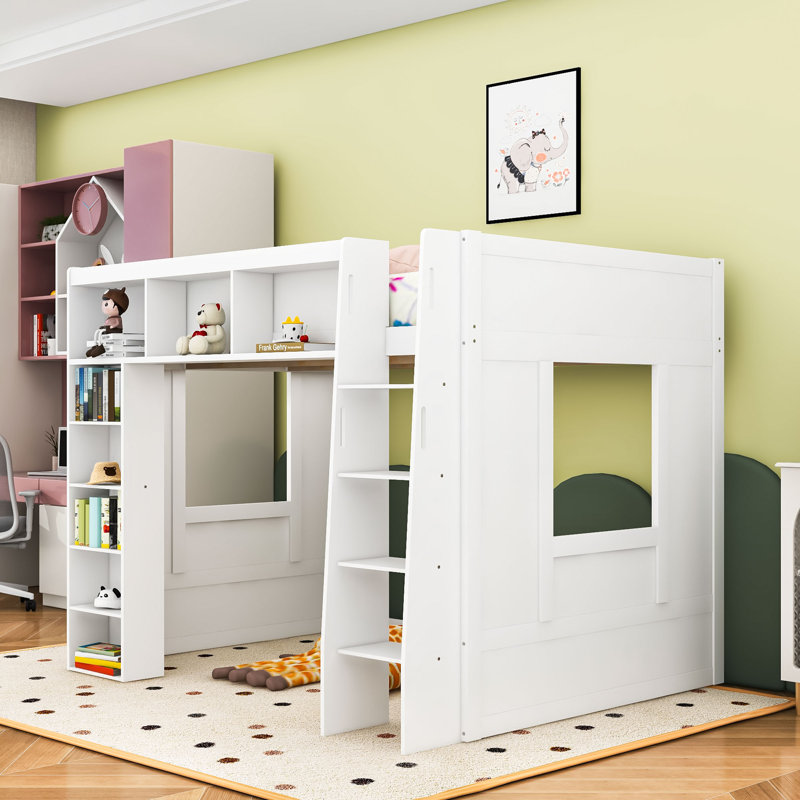 Grand lit mezzanine en bois avec tablettes de rangement, échelle et garde-corps, Blanc