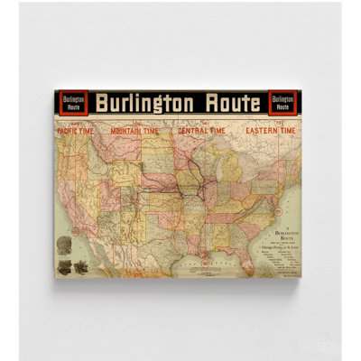 «Burlington Route With Time Zone 1892», reproduction d'affiche de Burlington, fuseau horaire, décoration de bureau principal antique, art mural de classe histoire