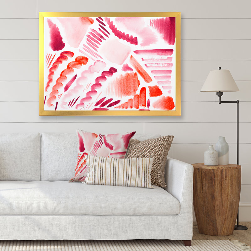 Éléments graphiques rétro en orange et rouge I - peinture sur toile, H 12 po x l 20 po, Cadre doré