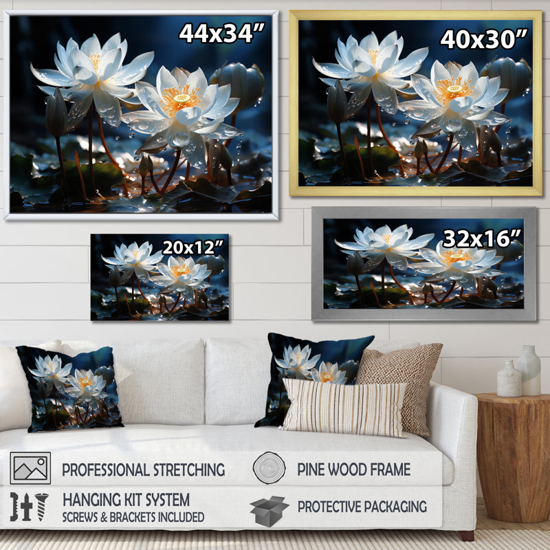 «White Yellow Lotus Field V», reproduction sur toile, Cadre flottant doré, H 34 po x l 44 po x P 1,5 po