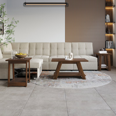 Ensemble de 3 tables basses et tables de bout avec tablettes ouvertes - brun