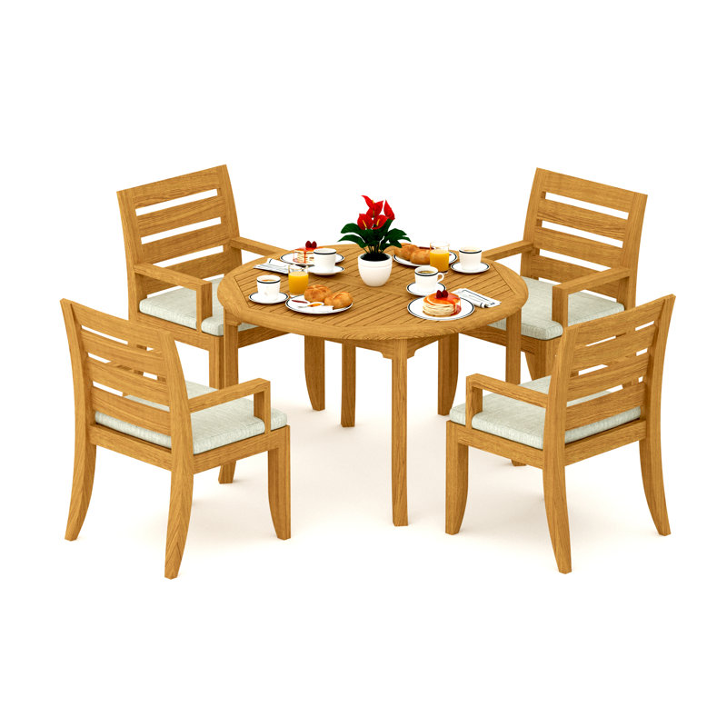 Ensemble de salle à manger 5 pièces en bois de teck de qualité A: table ronde de 48 po et 4 fauteuils Atnas # 11AT1004