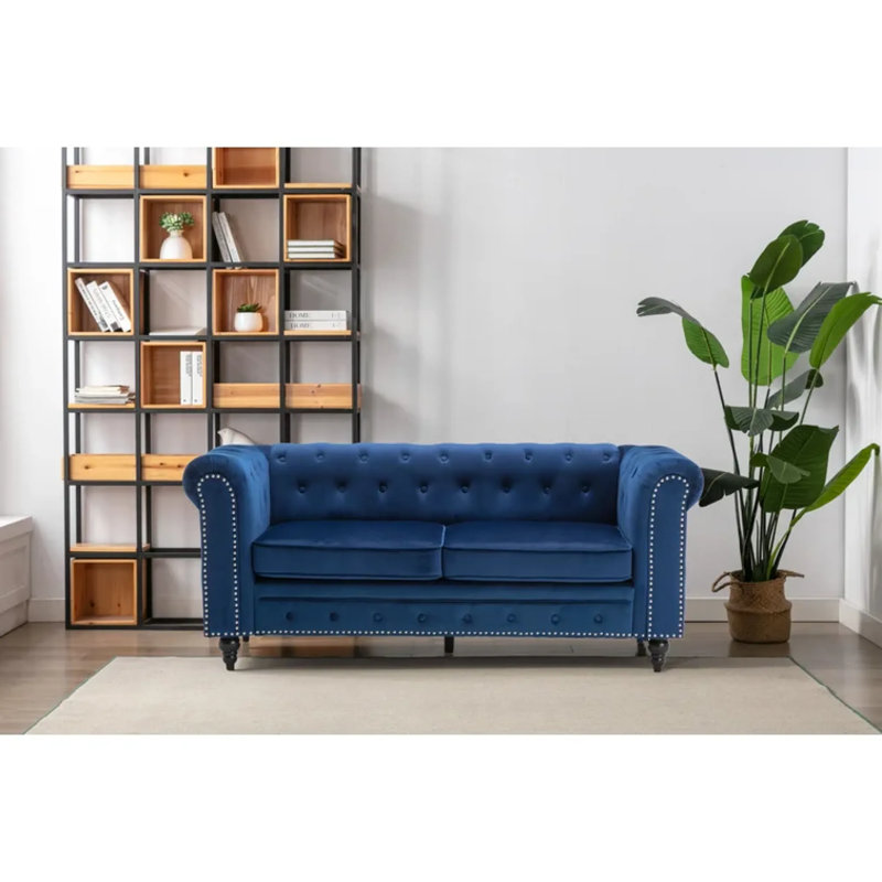 Canapé Chesterfield en velours à accoudoirs roulés 71,5 po Crimins, Bleu velours