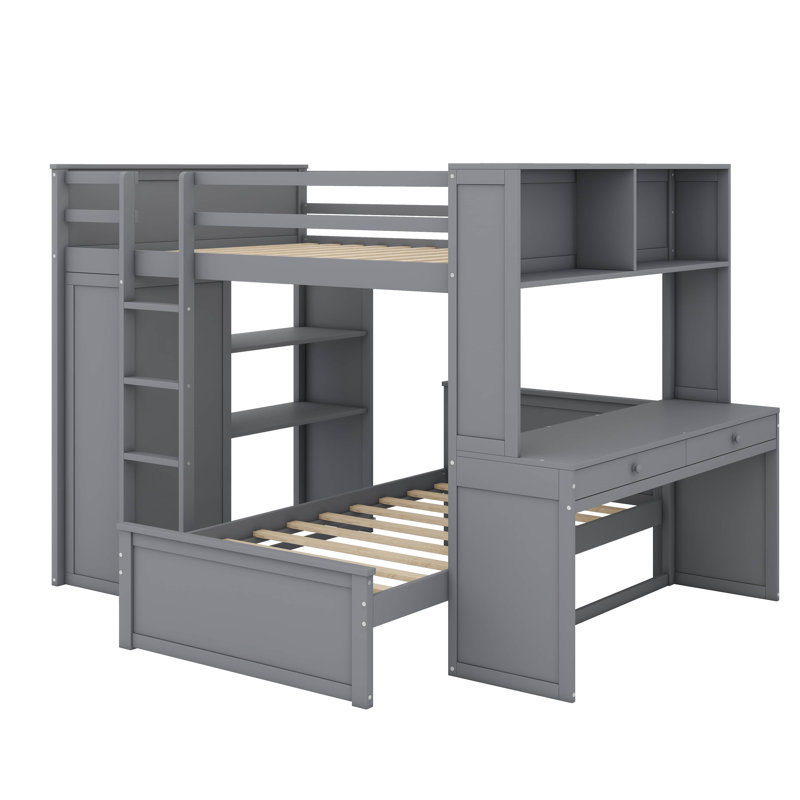 Lit mezzanine double avec lit simple attaché, étagère, bureau et garde-robe, Gris