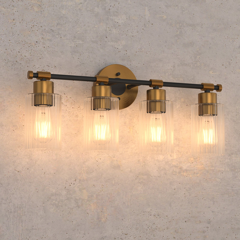 Luminaire de salle de bain en laiton doré à 4 lumières Inlight de 23 po de large, éclairage de salle de bain noir moderne, applique murale à abat-jour en verre nervuré transparent, ampoule non incluse, IN-0445-4-GD
