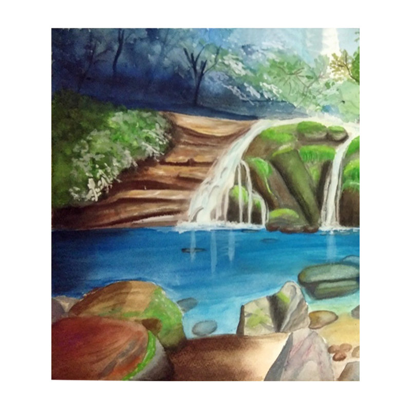 Cascade au bord du lac | Aquarelle sur papier | Par Shruti Tiwari