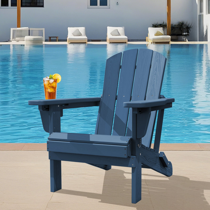 HDPE Outdoor 3-Position Adjustable Backrest Adirondack Chair with Cup Holder and Foldable Design, Navy