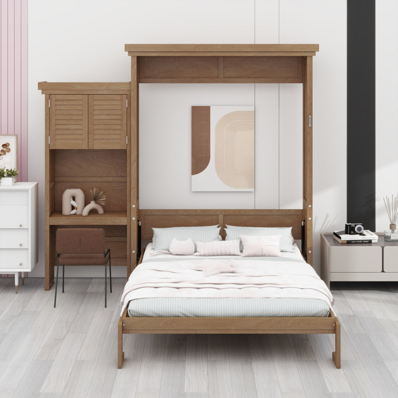 Grand lit escamotable en bois avec tablettes, conception classique à persiennes, Bois