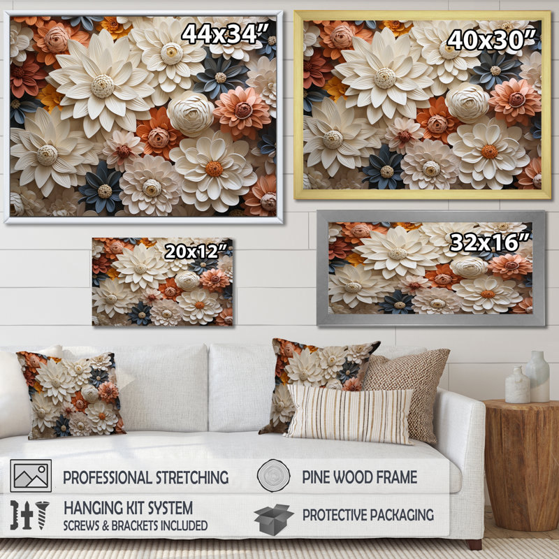 Minimalisme beige, collage Zinnias sur toile, Toile tendue, H 12 po x l 20 po x P 1 po