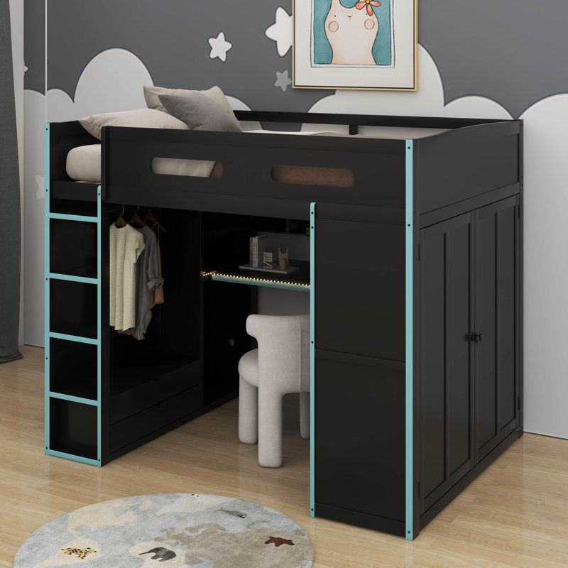Lit mezzanine double en bois avec bureau, garde-robe et lumière DEL, Bleu nuage