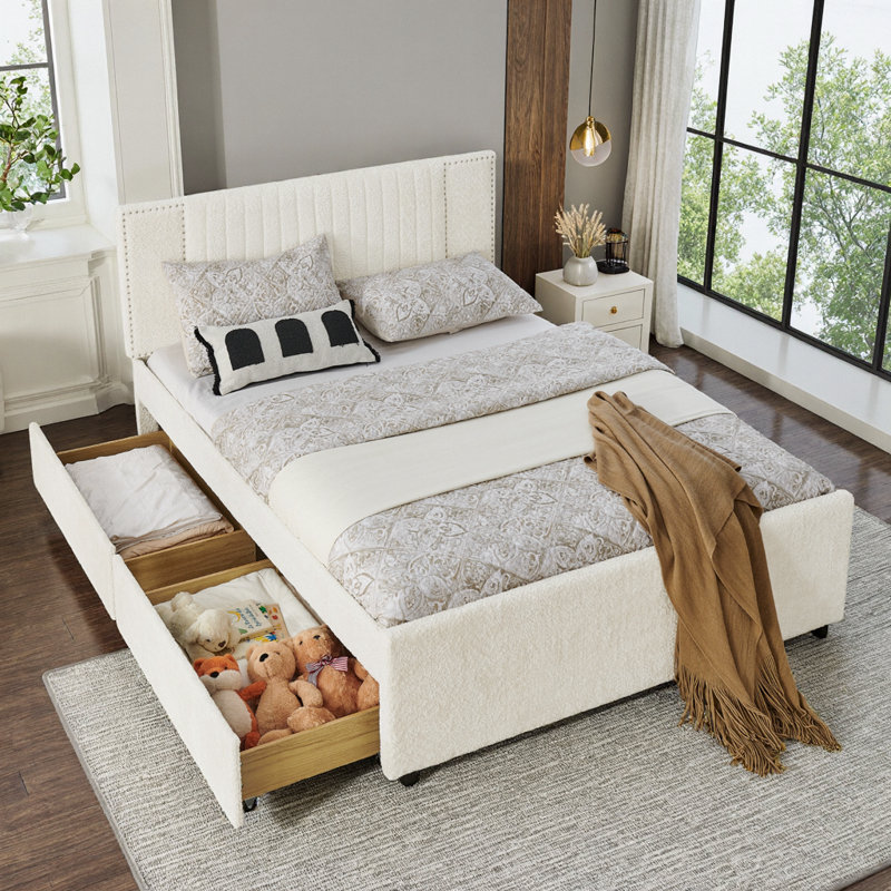 Lit de jour UNANI rembourré avec couchette et tiroirs de rangement, tissu chenille, Full, Beige