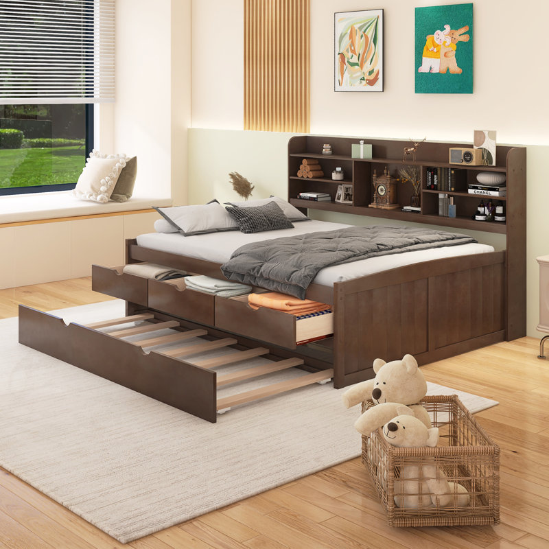 Wooden Captain Bed With Built-In Bookshelves,Three Storage Drawers And Trundle, Full, Brown