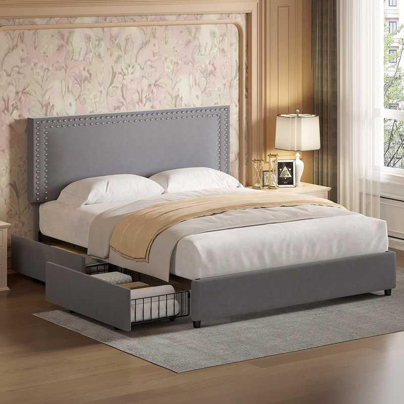 Lit double avec tiroirs de rangement Lit plateforme tapissier réglable, Double, Gris foncé