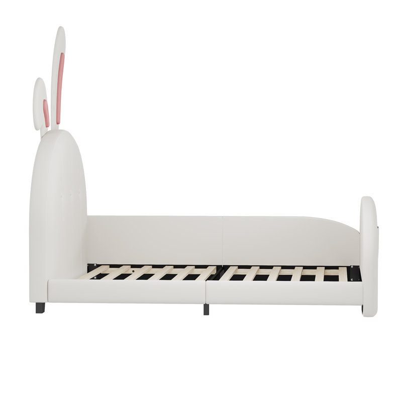 Lit simple tapissier princesse en forme de lapin, lit plateforme simple avec tête et pied de lit, blanc, Blanc