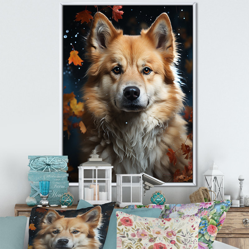 Chien Akita Aurora II sur toile, H 44 po x l 34 po x P 1,5 po, Cadre flottant blanc