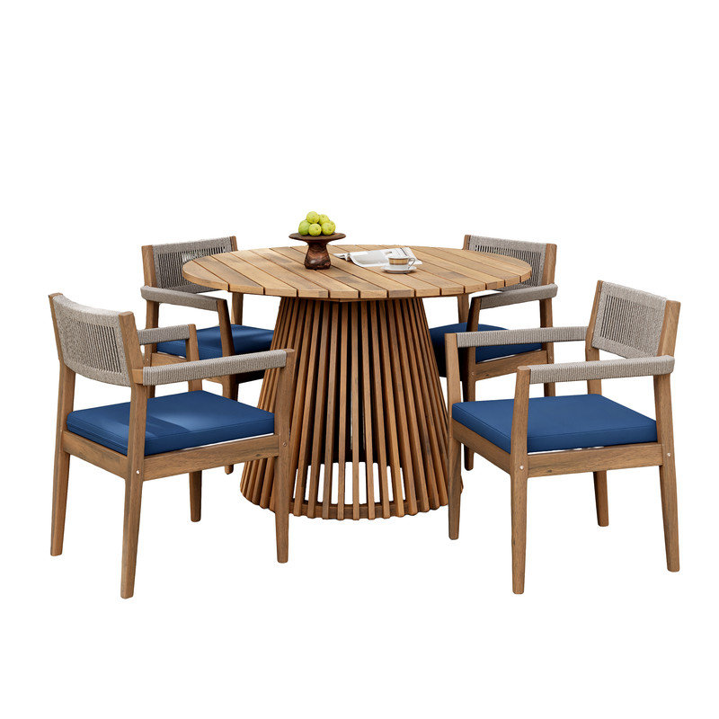 5-Piece Light Teak Patio Dining Set 47.25" Round Acacia Table & 4 Rope Chairs