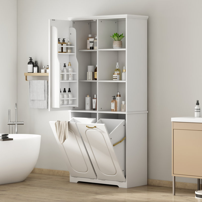 Freestanding Tall Bathroom Storage Cabinet With 2 Tilt-Out Laundry Hampers And Adjustable Shelves, White
