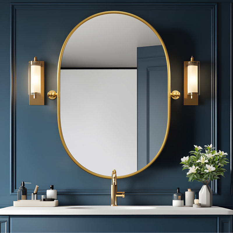 Metal Oval Wall Mirrors with Tilted Frame, 32" x 23", Gold