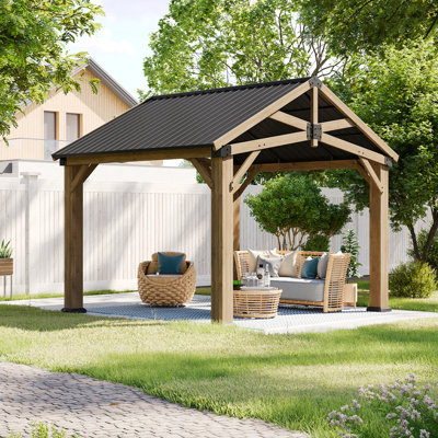 12×10 Ft Premium Cedar Wood Hardtop Gazebo, All-weather Galvanized Steel Roof Patio Pavilion For Backyard, Garden, Poolside