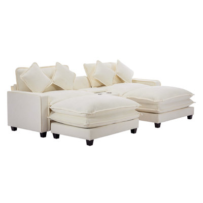 Beige 111" With Two Removable Ottomans, Double Cushion Design, Ports, Cup Holders, Large Storage Box And 4 Pillows, Fabric Sectional Storage, Ottomans Breathable Chenille Material