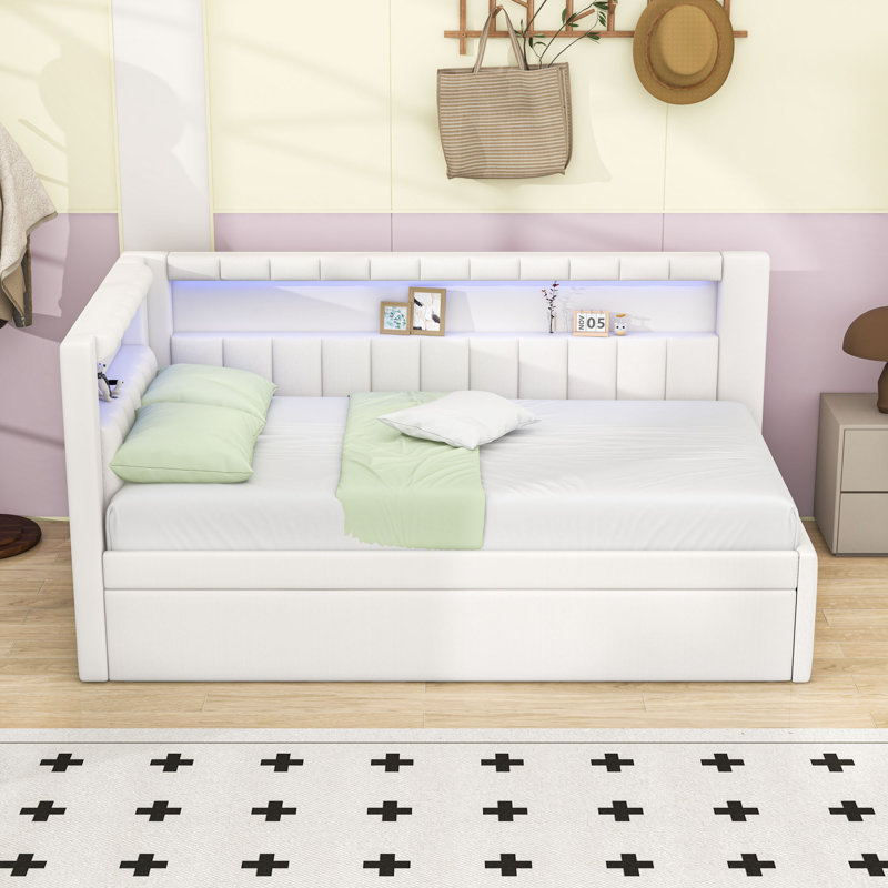 Lit de jour simple rembourré avec couchette et port USB et ceinture DEL, Blanc