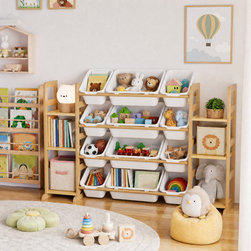 Organisateur de rangement pour jouets avec 6 tablettes et 12 bacs, bibliothèque pour enfants, étagère à jouets, Blanc