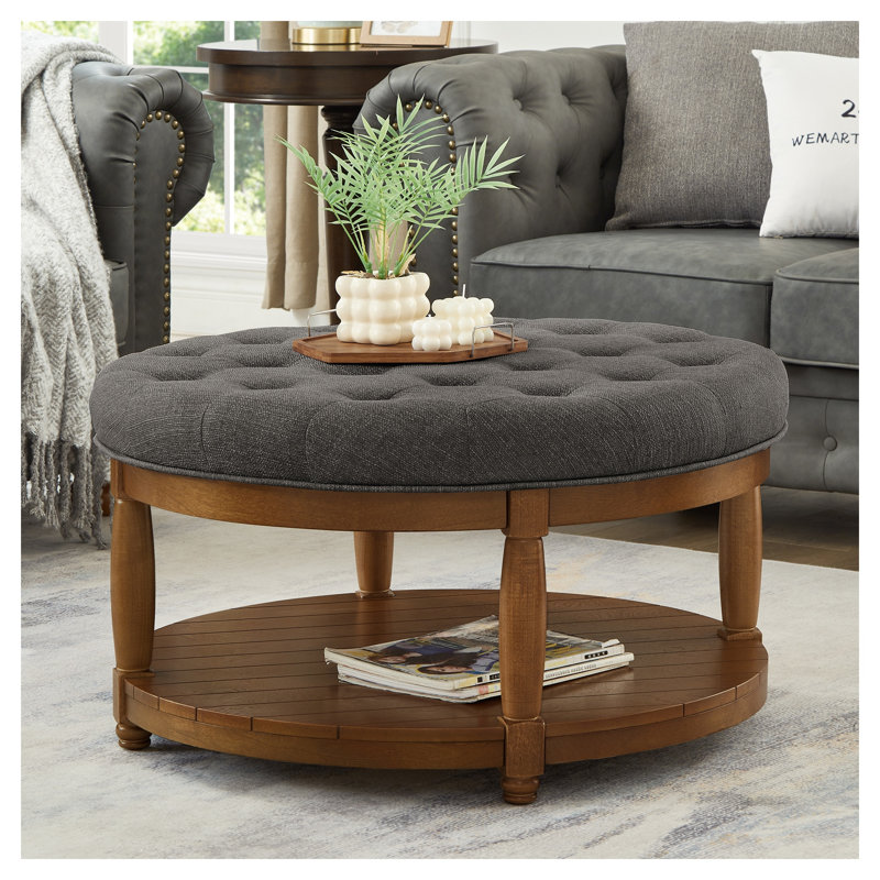 Grande table basse rembourrée capitonnée en lin gris anthracite, Grey, Brown Wood
