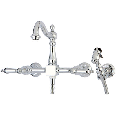 Kingston Brass Heritage Double-Handle 3-Hole Wall-Mount Bridge Kitchen Faucet with Brass Sprayer