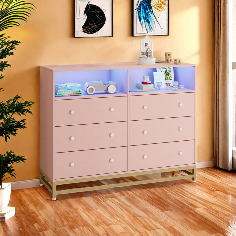 Commode 6 tiroirs avec lumières à DEL, armoire de rangement, Rose