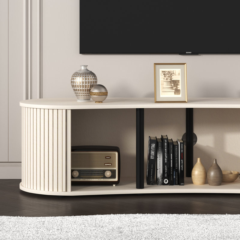 Aurel Buchheit Modern 59.1" Fluted TV Stand With Open Storage And Sliding Door, Parchment